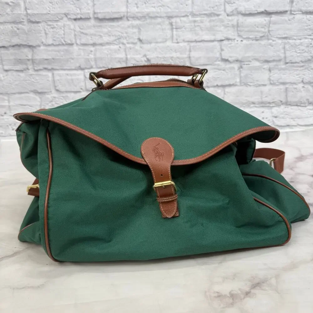Vintage Polo Ralph Lauren Duffle Gym Bag Green Brown Pony Logo Shoulder Travel